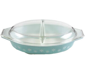 Vintage Pyrex Turquoise Snowflake 1.5 Quart Divided Casserole Dish & Clear Lid